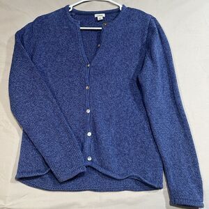 L.L.Bean Women's 100% Cotton V-Neck Cardigan Sweater M Marled Blue